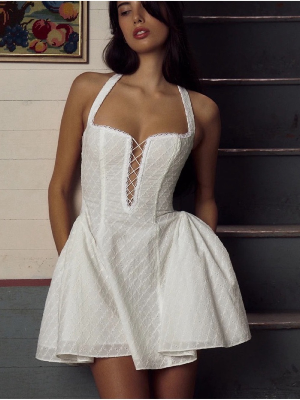 Mirror Palais lady in Lace up Halter Dress with Plunge Lace-Up Front